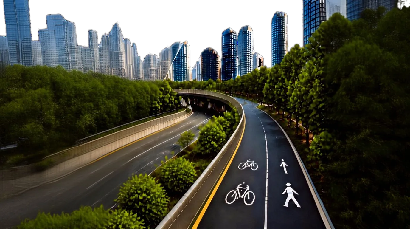 Tree-lined road with dedicated cycling and walking lanes leading to the city